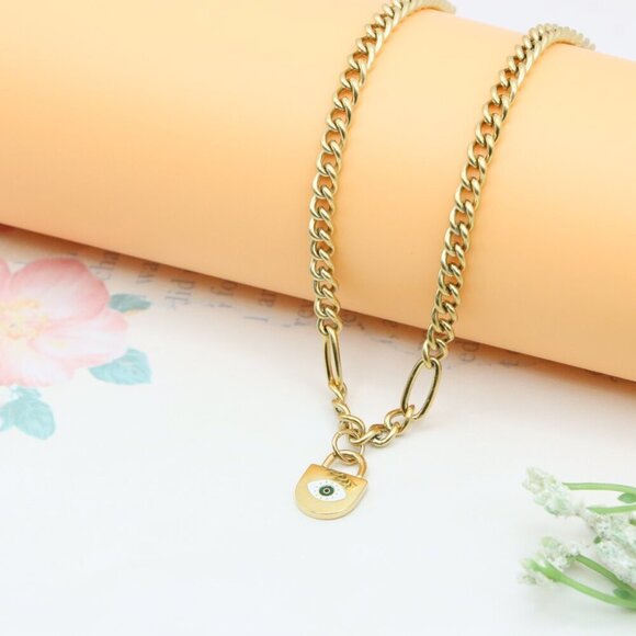 Bold Chunky Chain Necklace with Evil Eye Padlock Charm, XPNL0355 - Picture 10 of 13